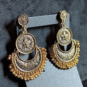 Vintage Antiqued Gold Indian Bridal Statement Earrings Jhumka Post Tassel Y2K